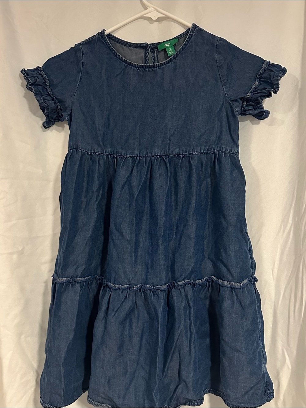 dip Navy Blue Tiered Denim Dress with Ruffle Sleeves